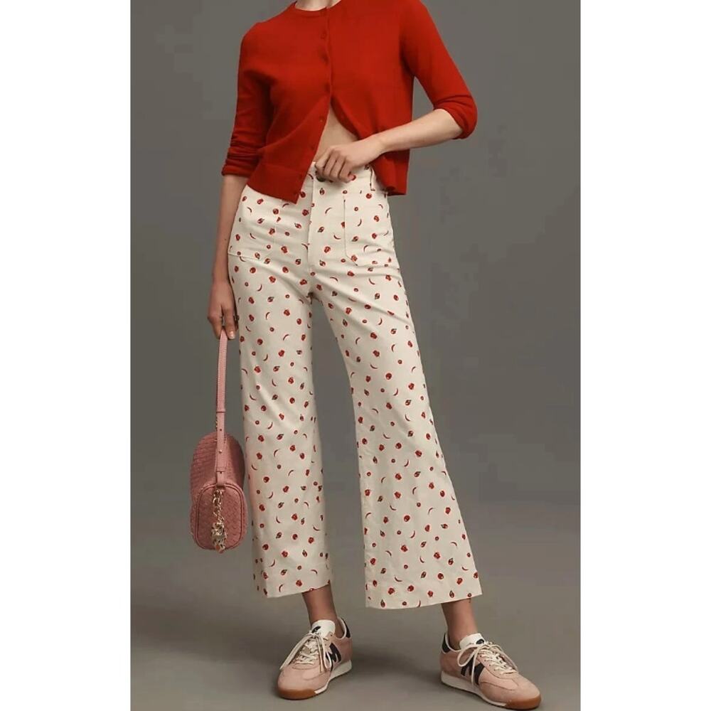 Maeve Cream Wide-Leg Pants with Red Cherry Print